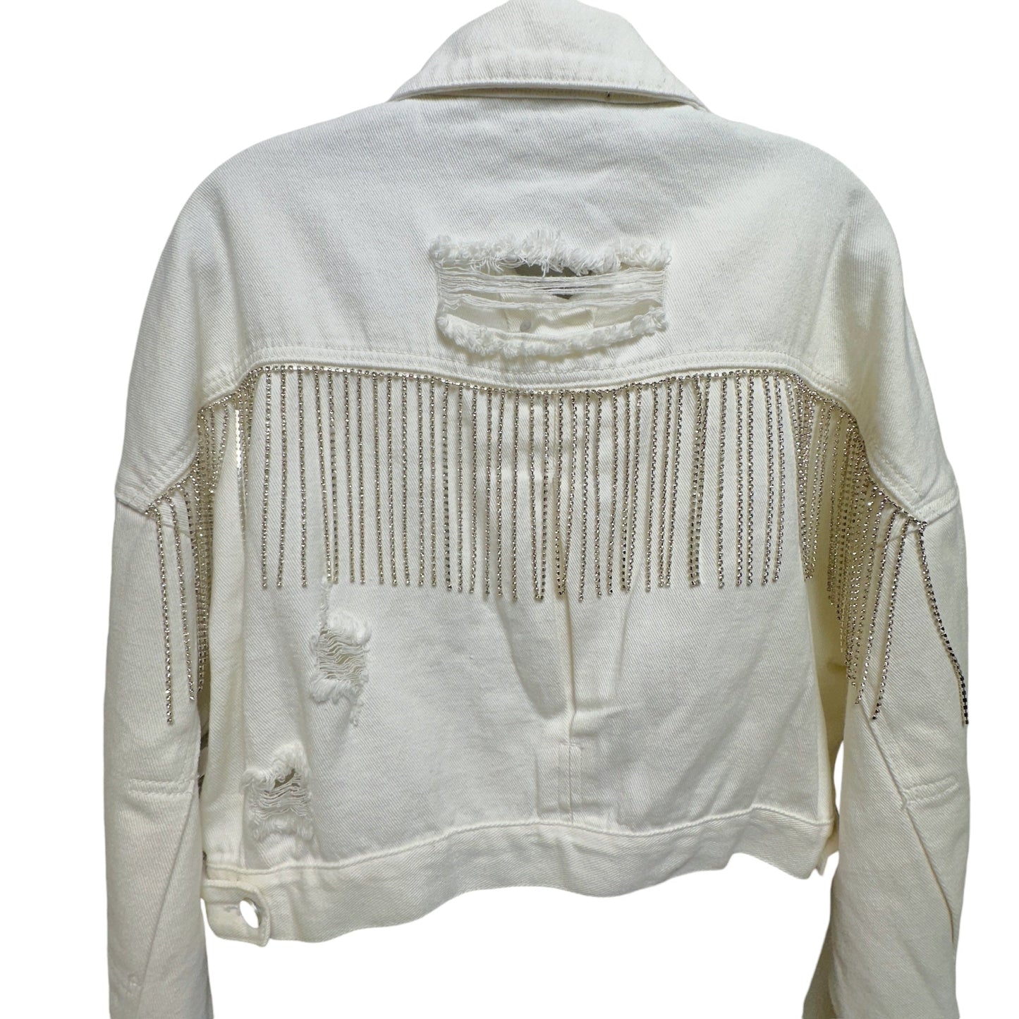 Rhinestone Fringe Denim Jacket By Blue B In Cream, Size: M