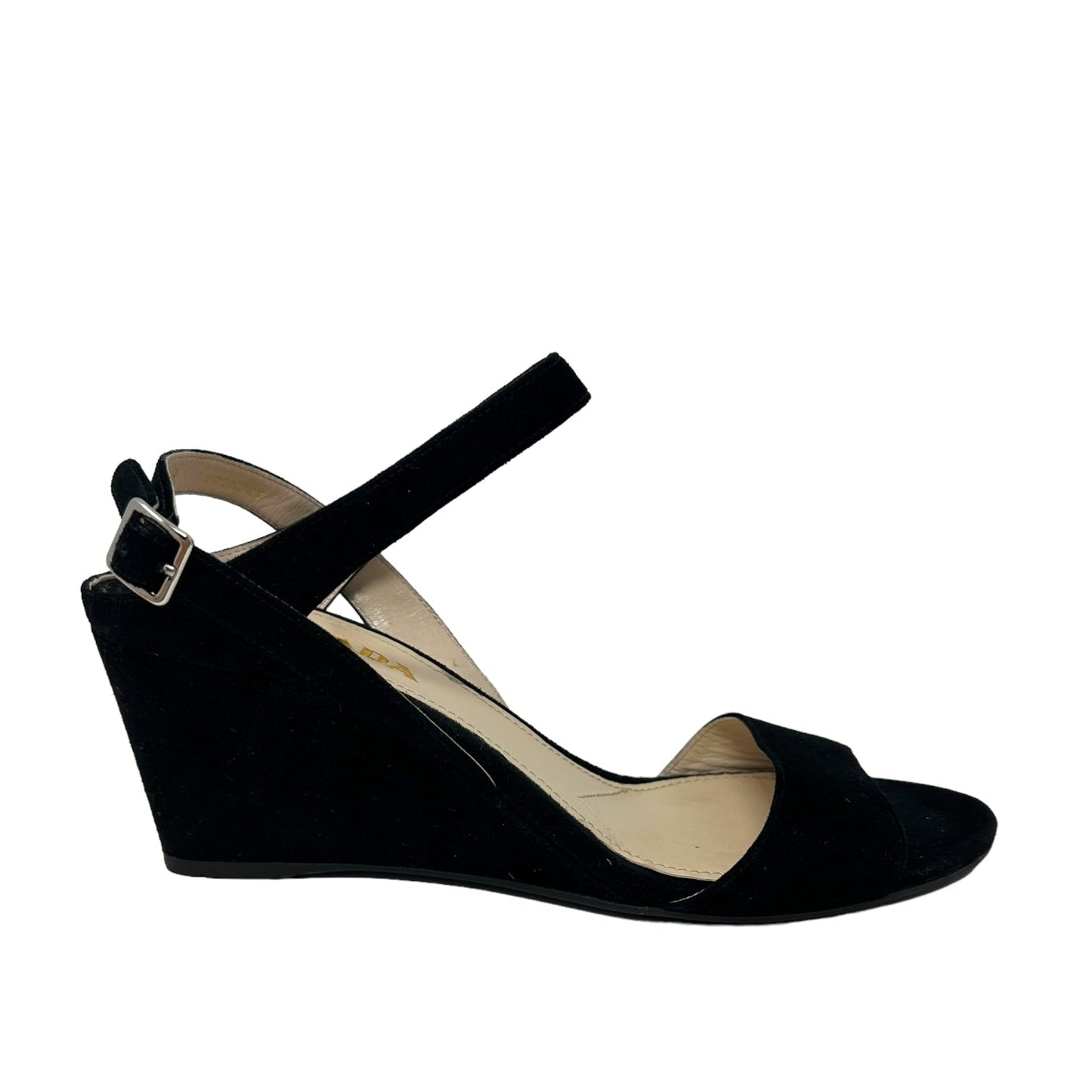 Calzature Donna Suede Wedge Sandal, Nero - Camoscio Luxury Designer By Prada  Size: 9