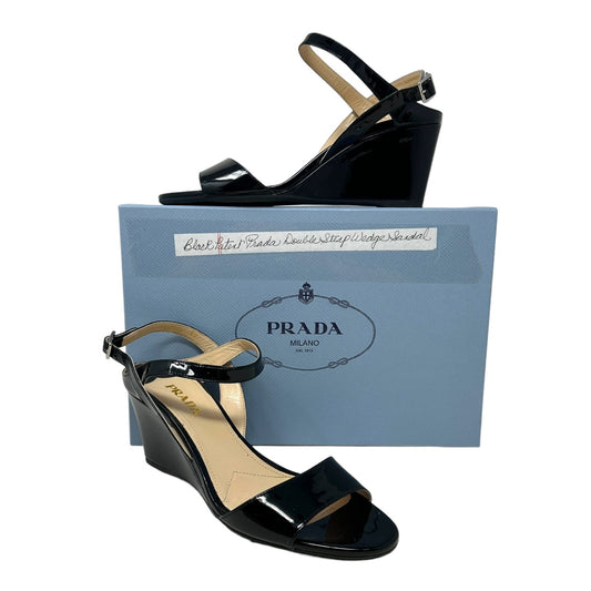 Calzature Donna Patent Leather Wedge Sandals, Vernice, Nero Luxury Designer By Prada  Size: 9