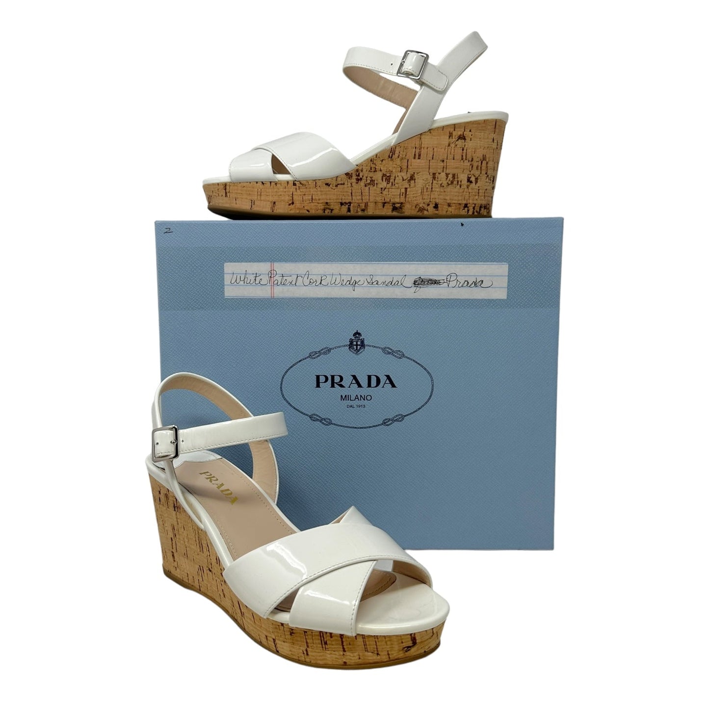 Calzature Donna Vernice 3 Patent Leather Cork Wedge Sandals, Blanco Luxury Designer By Prada  Size: 9