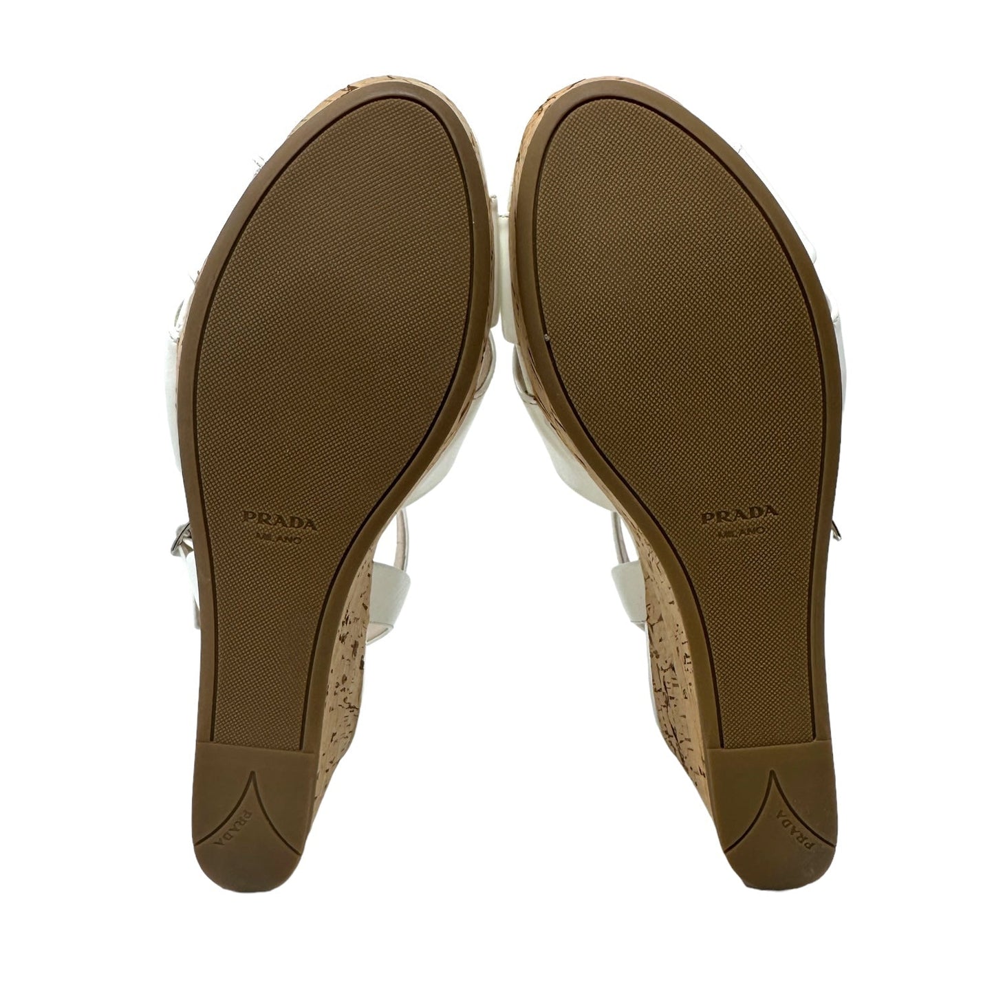 Calzature Donna Vernice 3 Patent Leather Cork Wedge Sandals, Blanco Luxury Designer By Prada  Size: 9