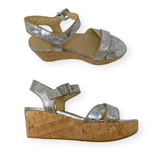 Chrome Cracked Metallic Leather Cork Wedge Sandals Designer By Stuart Weitzman  Size: 8.5