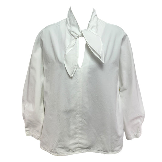 Tie Neck Popover Top in White Poplin Designer Ann Mashburn, Size M