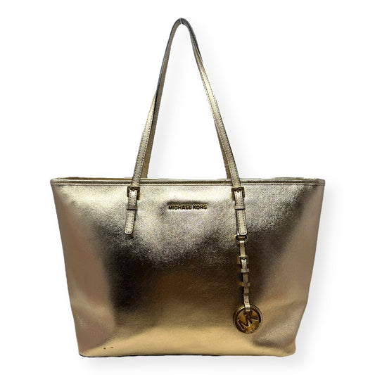 Jet Set Top Zip Tote in Metallic Gold Saffiano Leather Designer Michael By Michael Kors, Size Large