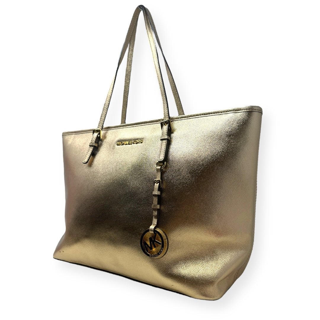 Jet Set Top Zip Tote in Metallic Gold Saffiano Leather Designer Michael By Michael Kors, Size Large