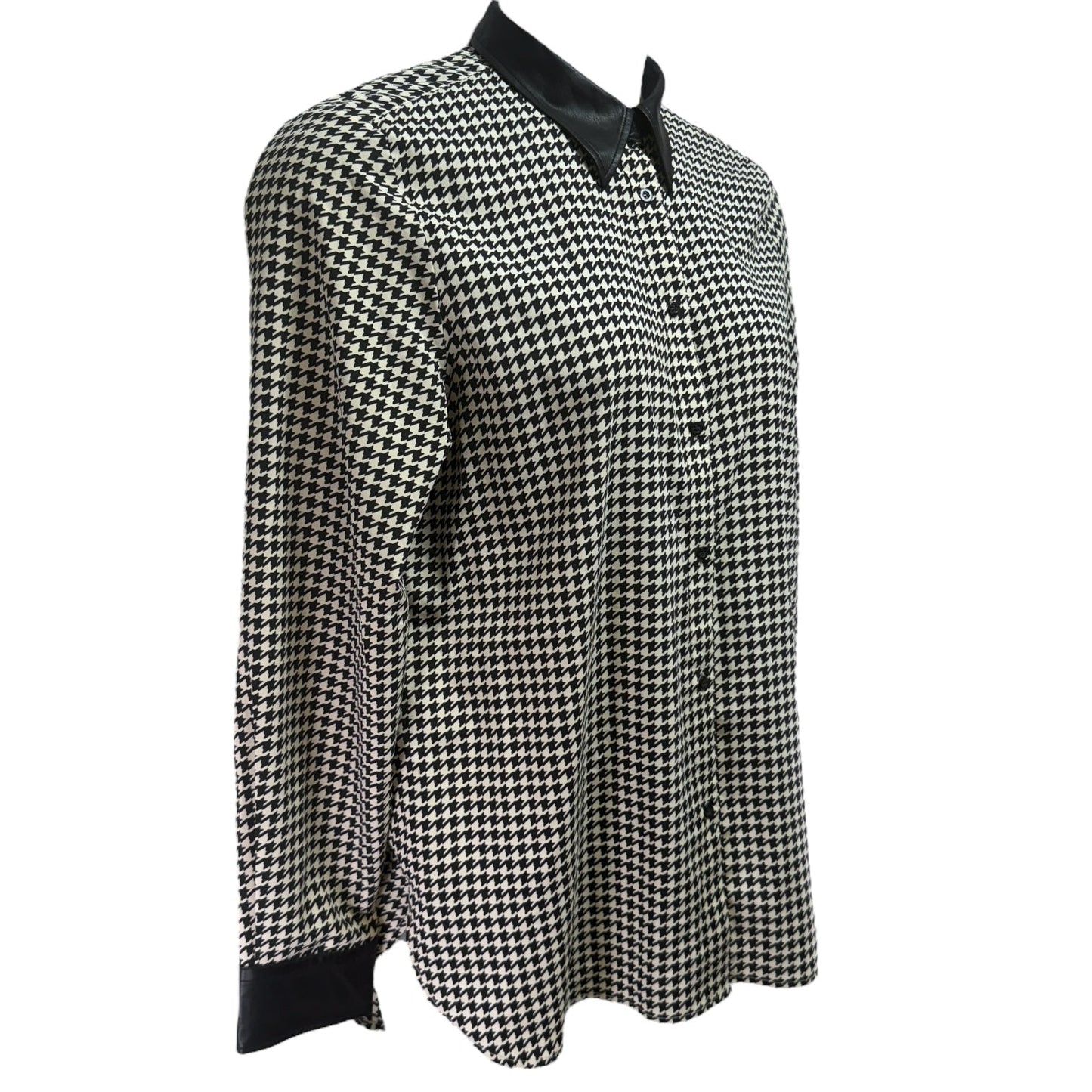 Houndstooth Faux Leather Trim Shirt By Lauren By Ralph Lauren In Black & Cream, Size: L