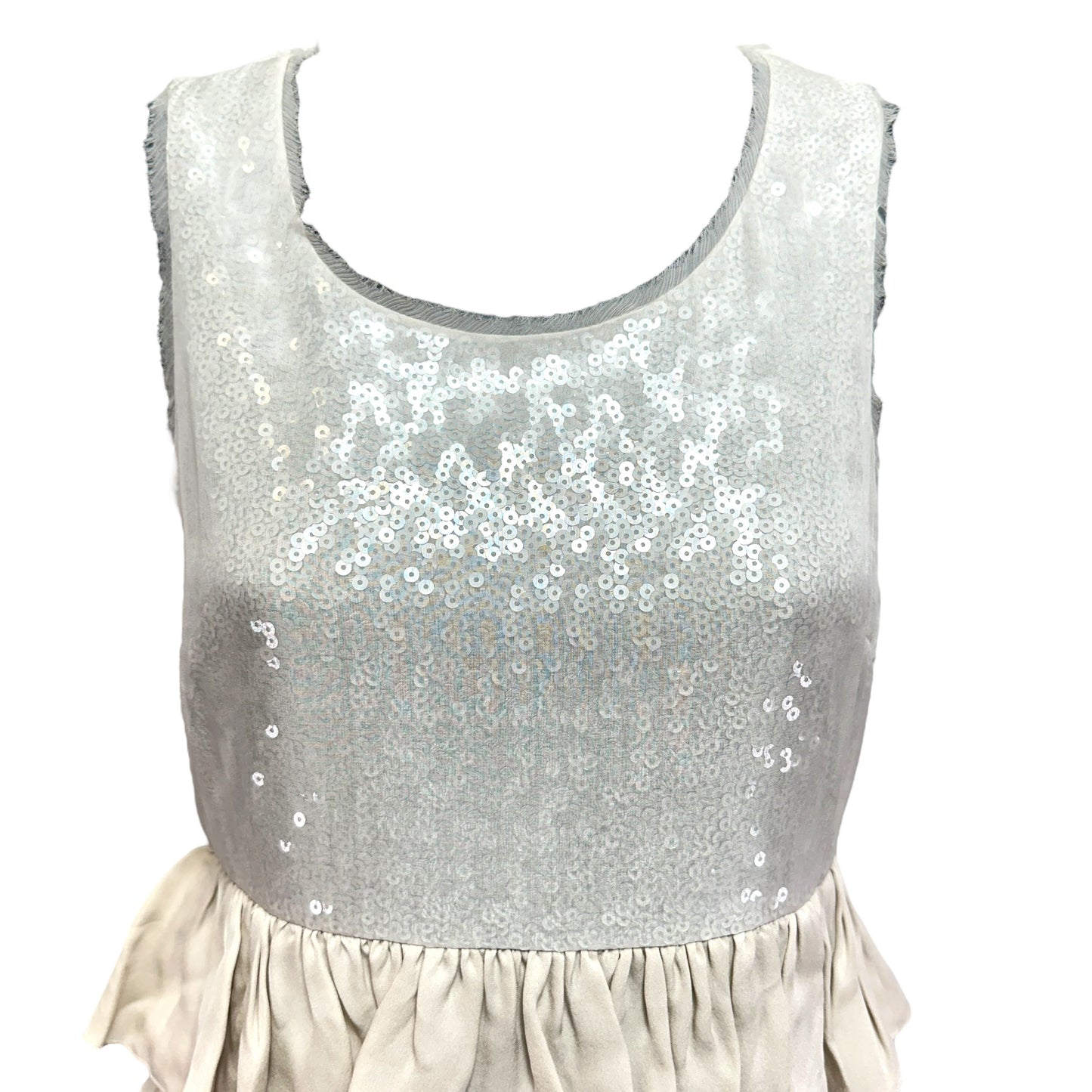 Sequin Silk Chiffon Fiered Ruffle Mini Dress By Alice + Olivia In Grey, Size: Xs