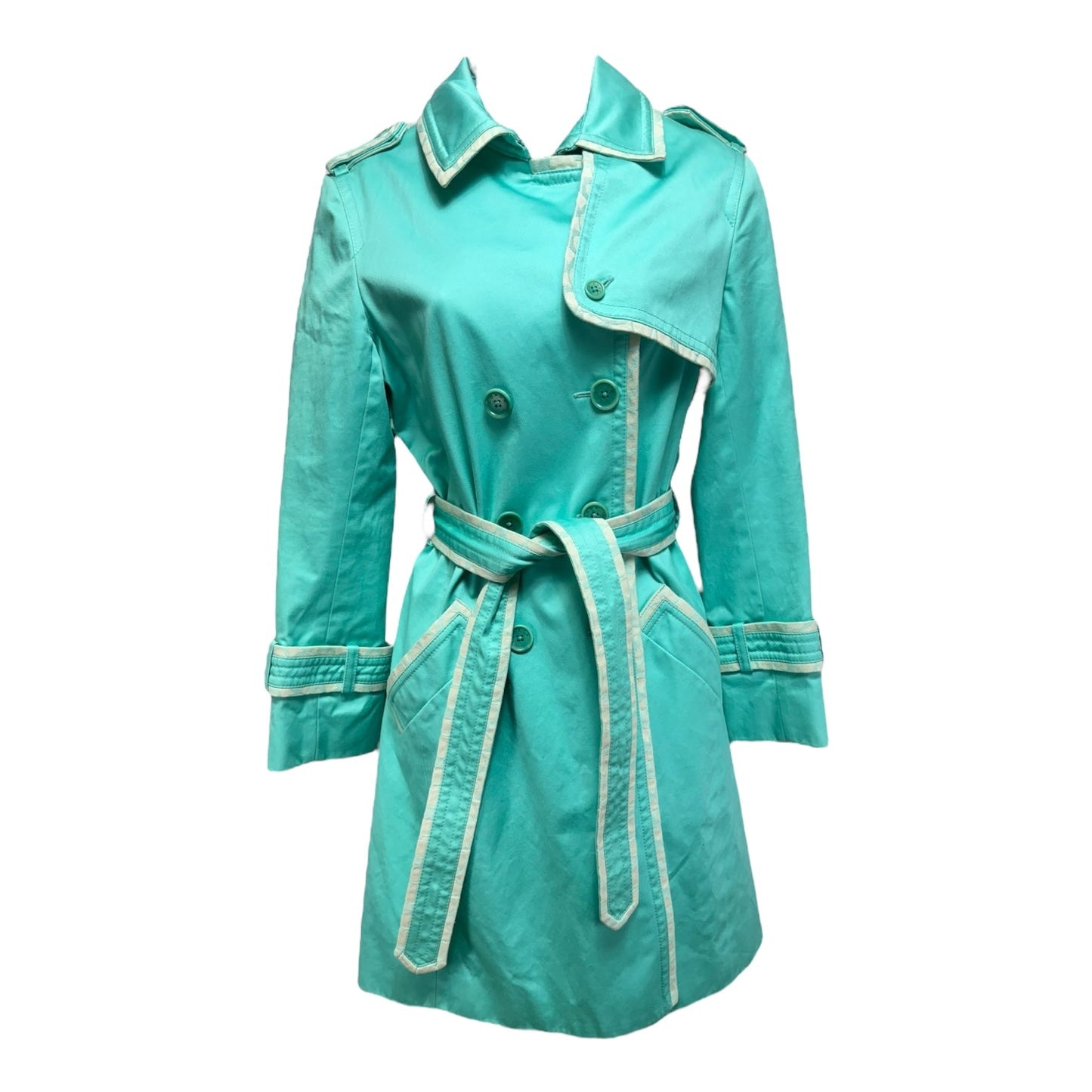 Monogram Trim Trench Coat Designer By Coach In Aqua, Size: 6