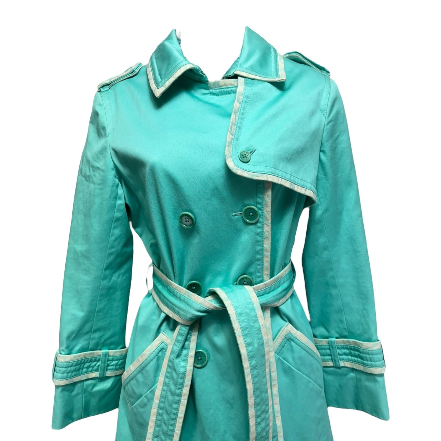 Monogram Trim Trench Coat Designer By Coach In Aqua, Size: 6