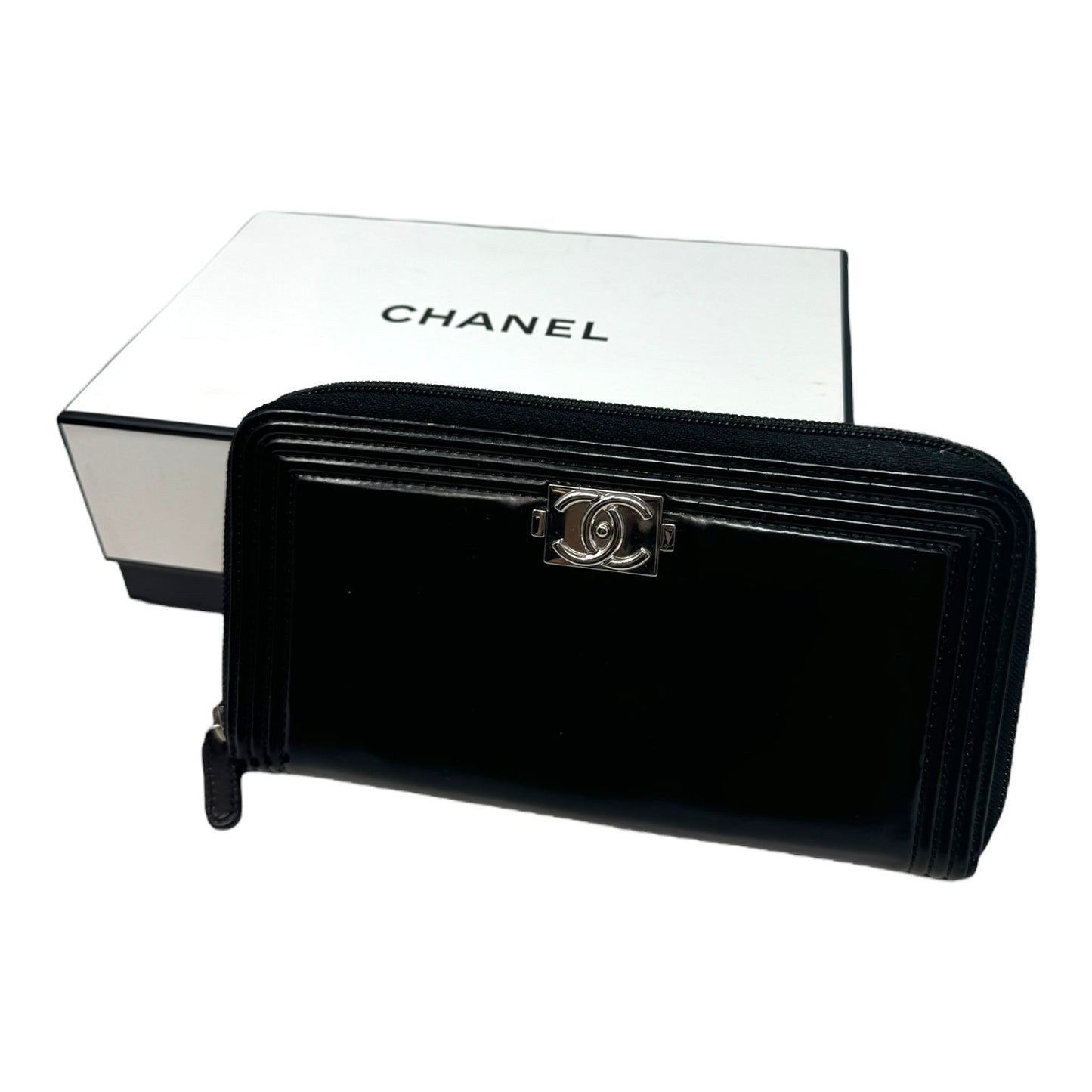 Boy Zippy Black Patent Long Wallet Luxury Designer By Chanel, Size: Large