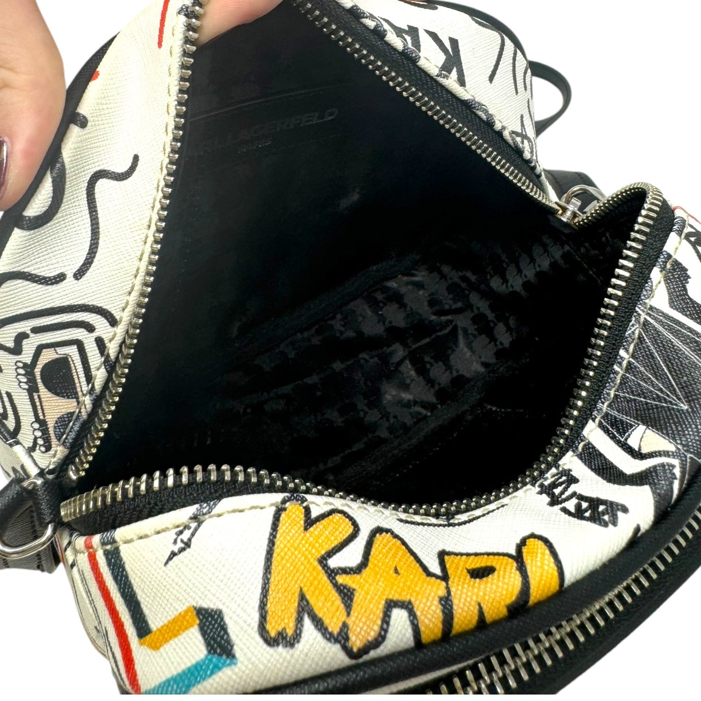 Paris Graffiti Crossbody Designer By Karl Lagerfeld, Size: Small