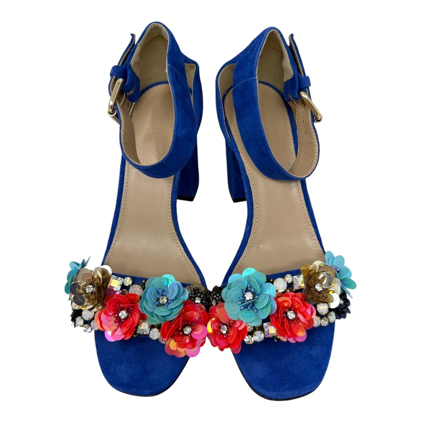 Sequin Flower Embellished Ankle Strap Sandals By J. Crew Collection In Blue Suede, Size: 5.5