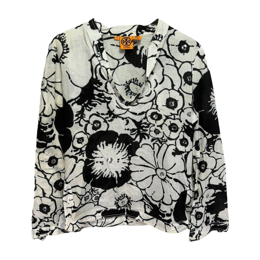 Abstract Floral Top Long Sleeve Designer By Tory Burch In Black & White, Size: S