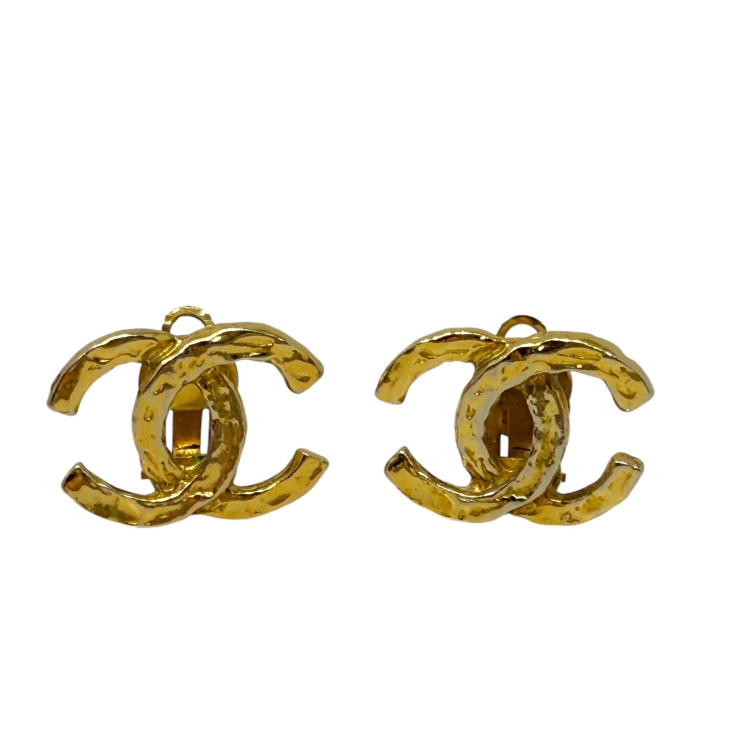 Vintage Gold Plated Hammered Textured CC Clip on Earrings Luxury Designer By Chanel