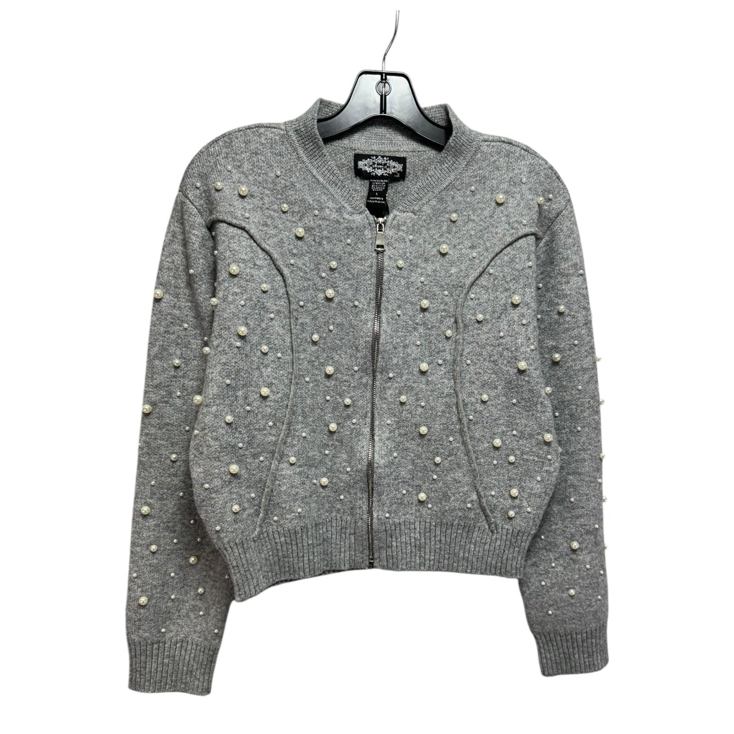 Pearl Embellished Zip Up Sweater Cardigan By Oliver O In Grey & White, Size: L