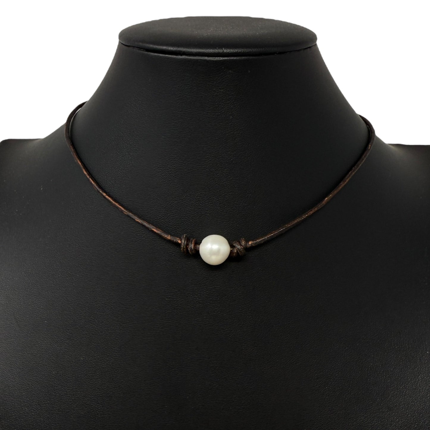 Single Pearl Leather Choker Necklace By Unbranded