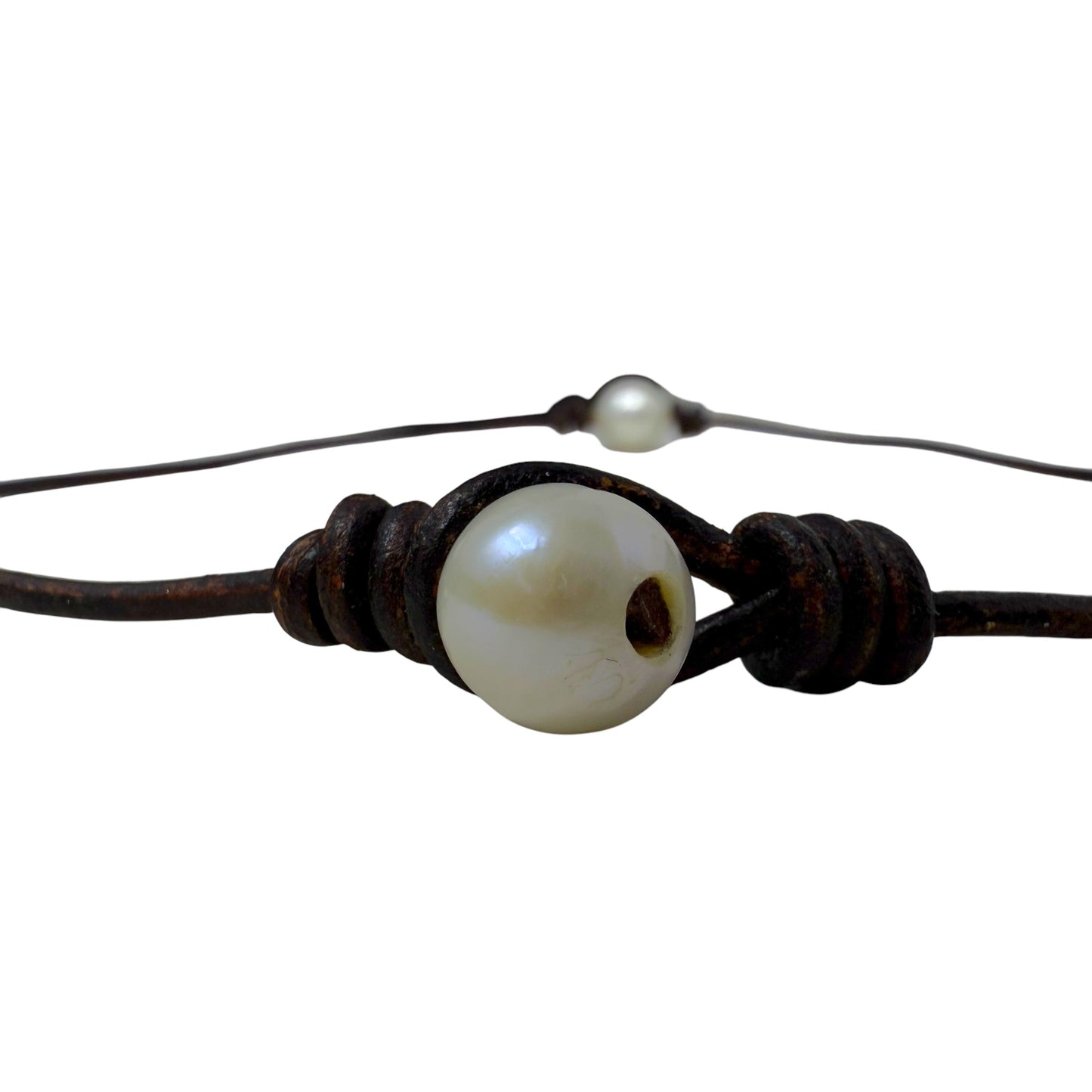 Single Pearl Leather Choker Necklace By Unbranded