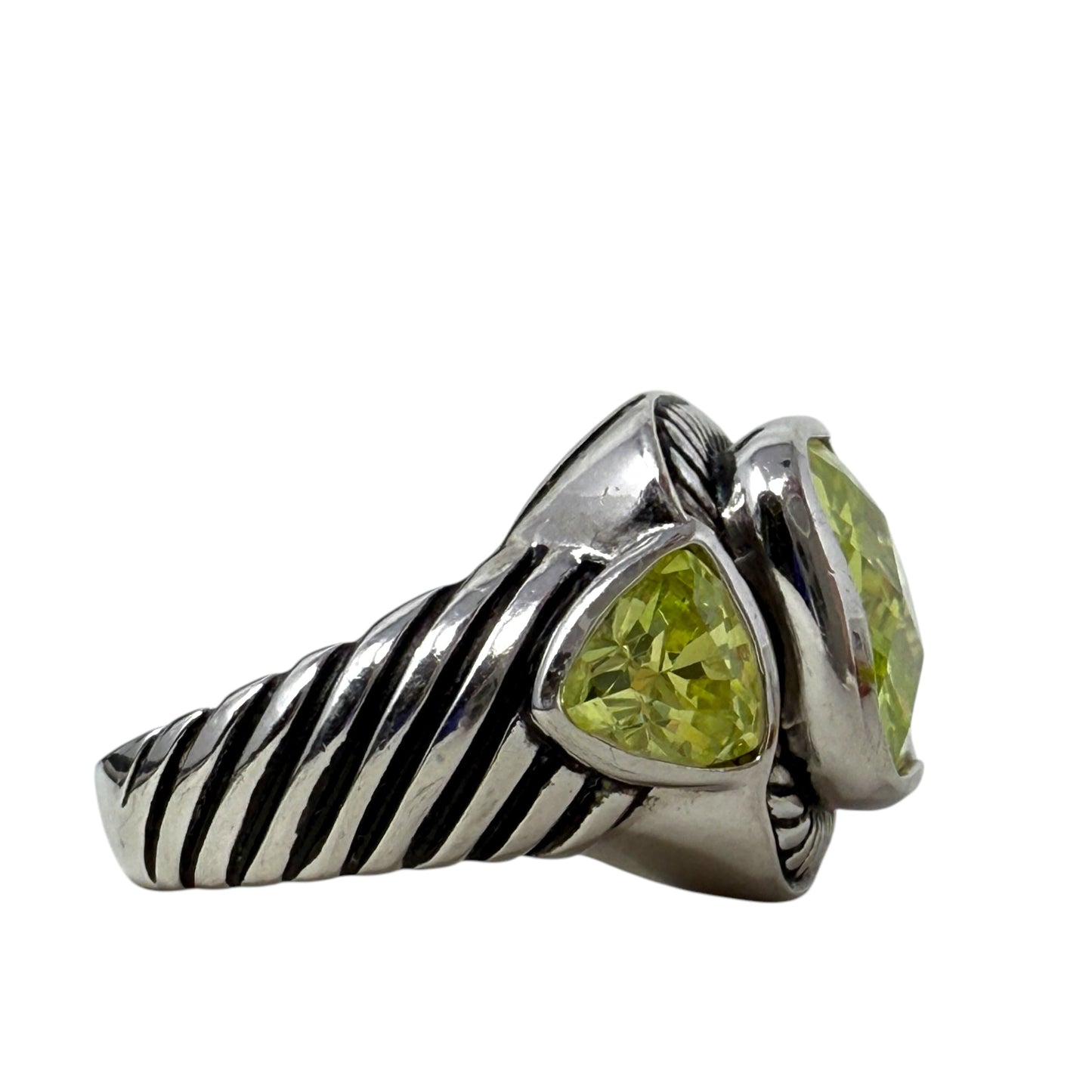 Sterling Silver Cable Design Cushion Cut Green Quartz Stone Statement Ring By Unbranded, Size: 9