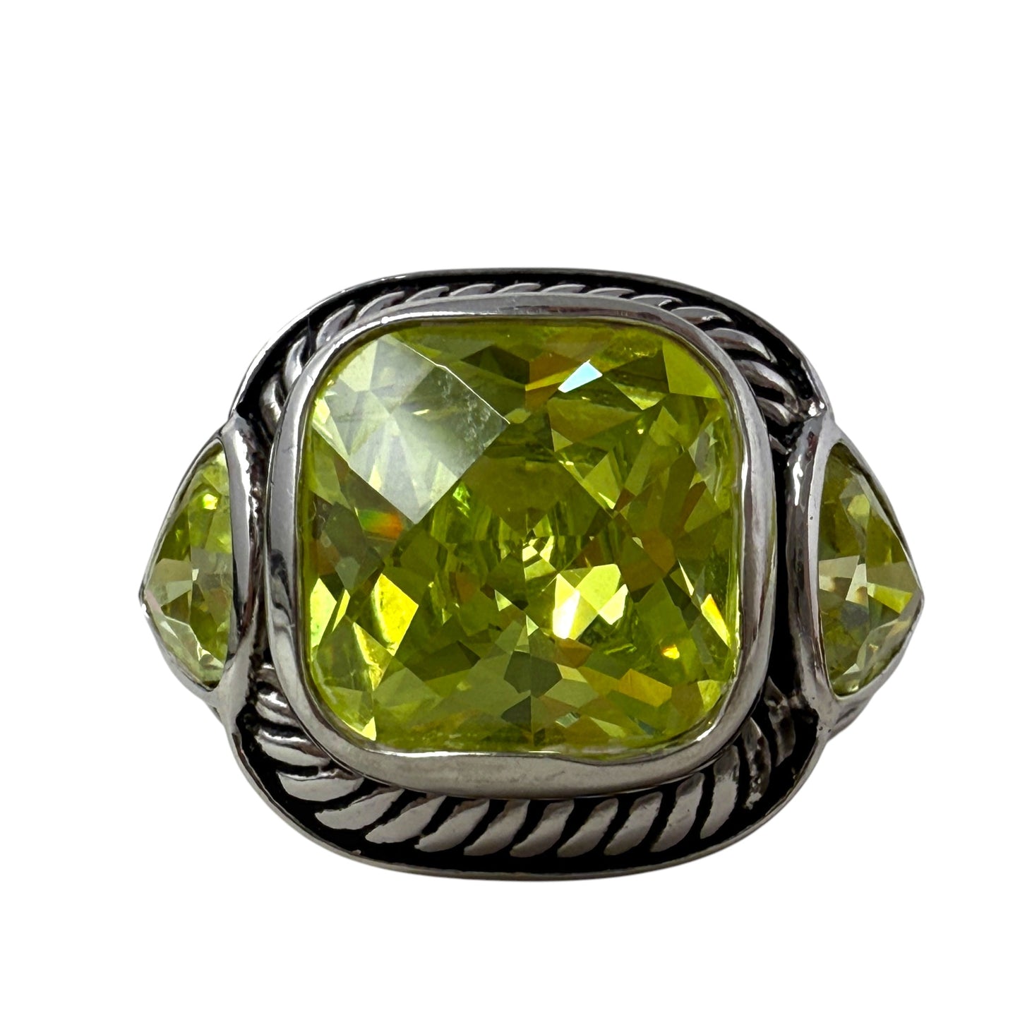 Sterling Silver Cable Design Cushion Cut Green Quartz Stone Statement Ring By Unbranded, Size: 9