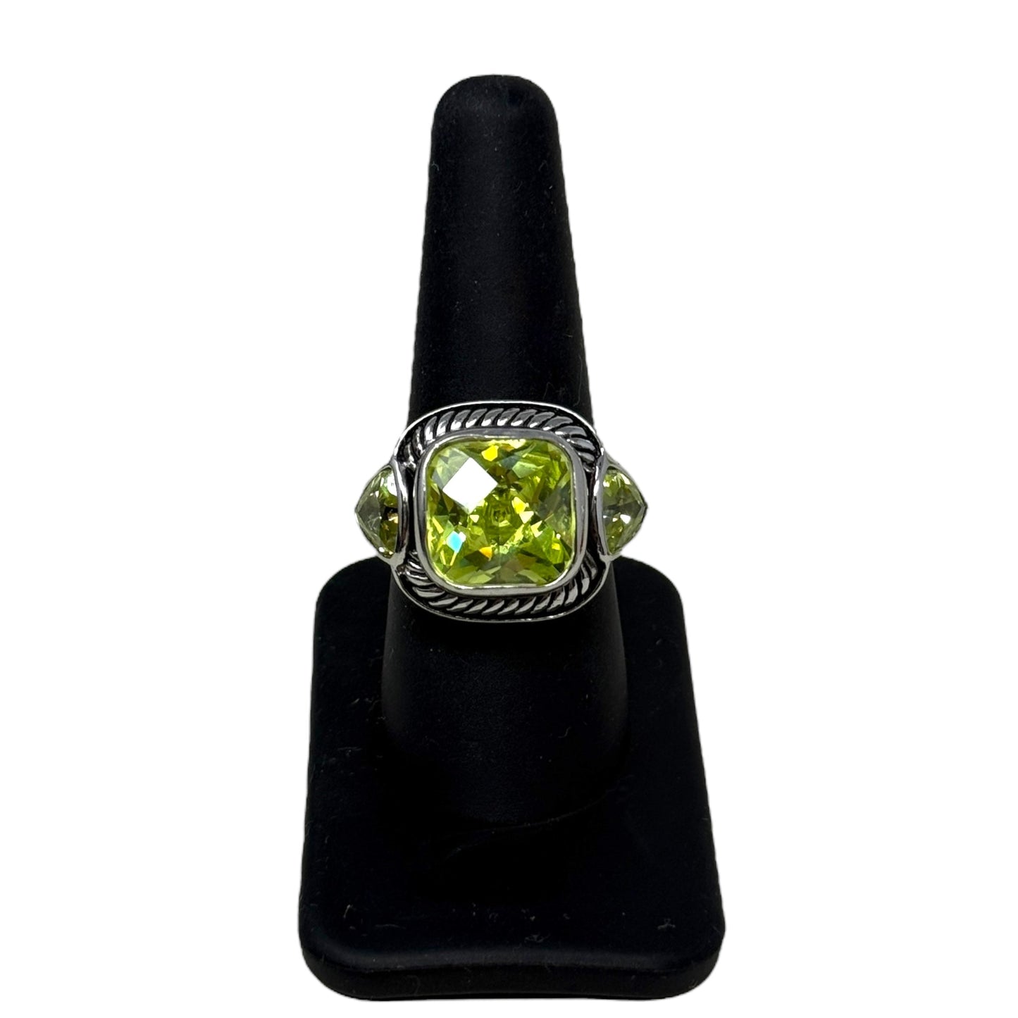 Sterling Silver Cable Design Cushion Cut Green Quartz Stone Statement Ring By Unbranded, Size: 9