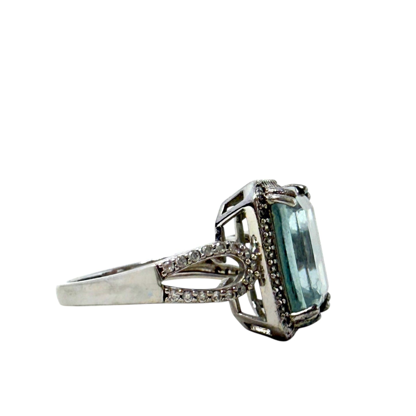 Sterling Silver Emerald Cut Simulated Aquamarine Ring By Gemstone King, Size: 6.5