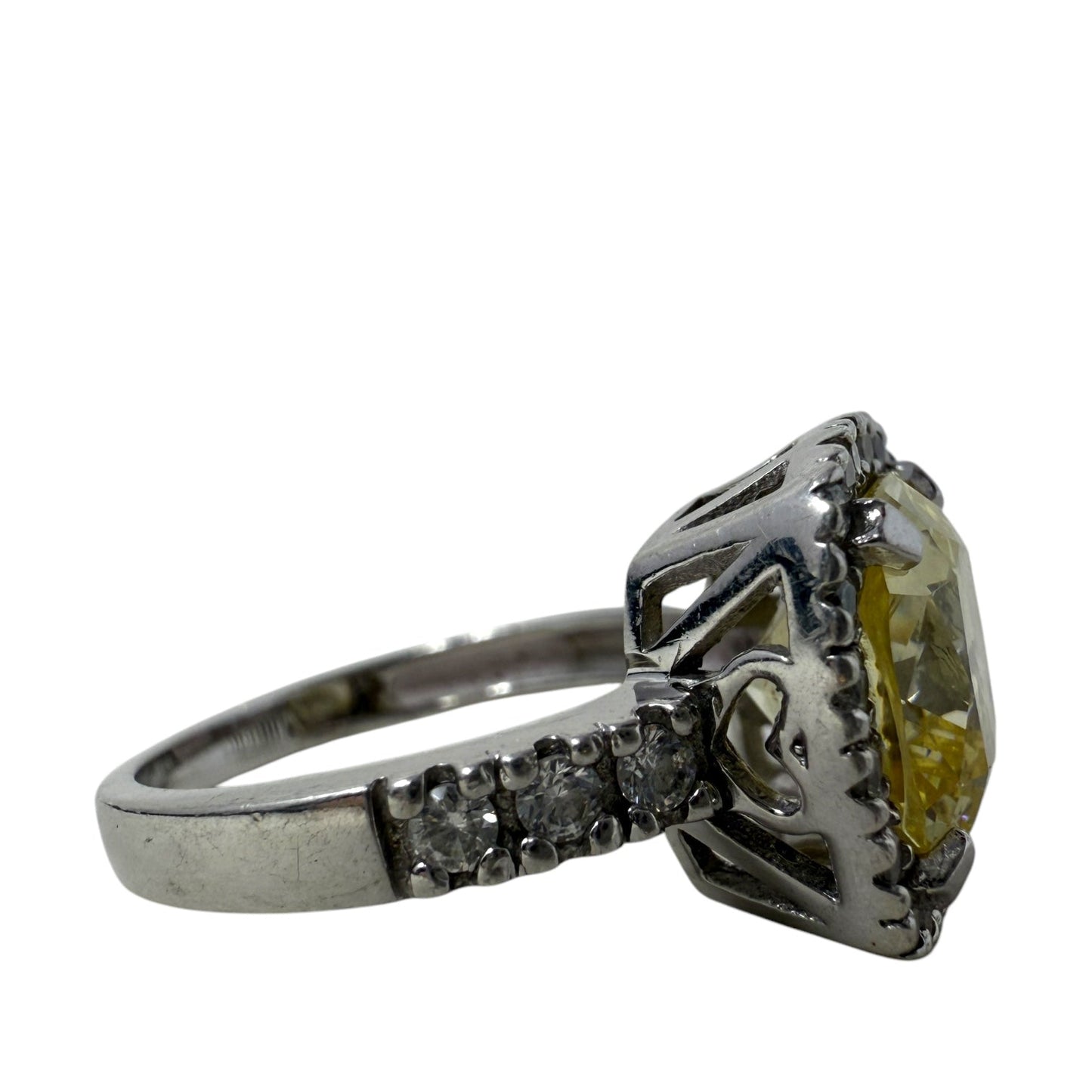 Square Cut Yellow CZ & Sterling Silver Cocktail Ring By Unbranded, Size: 7