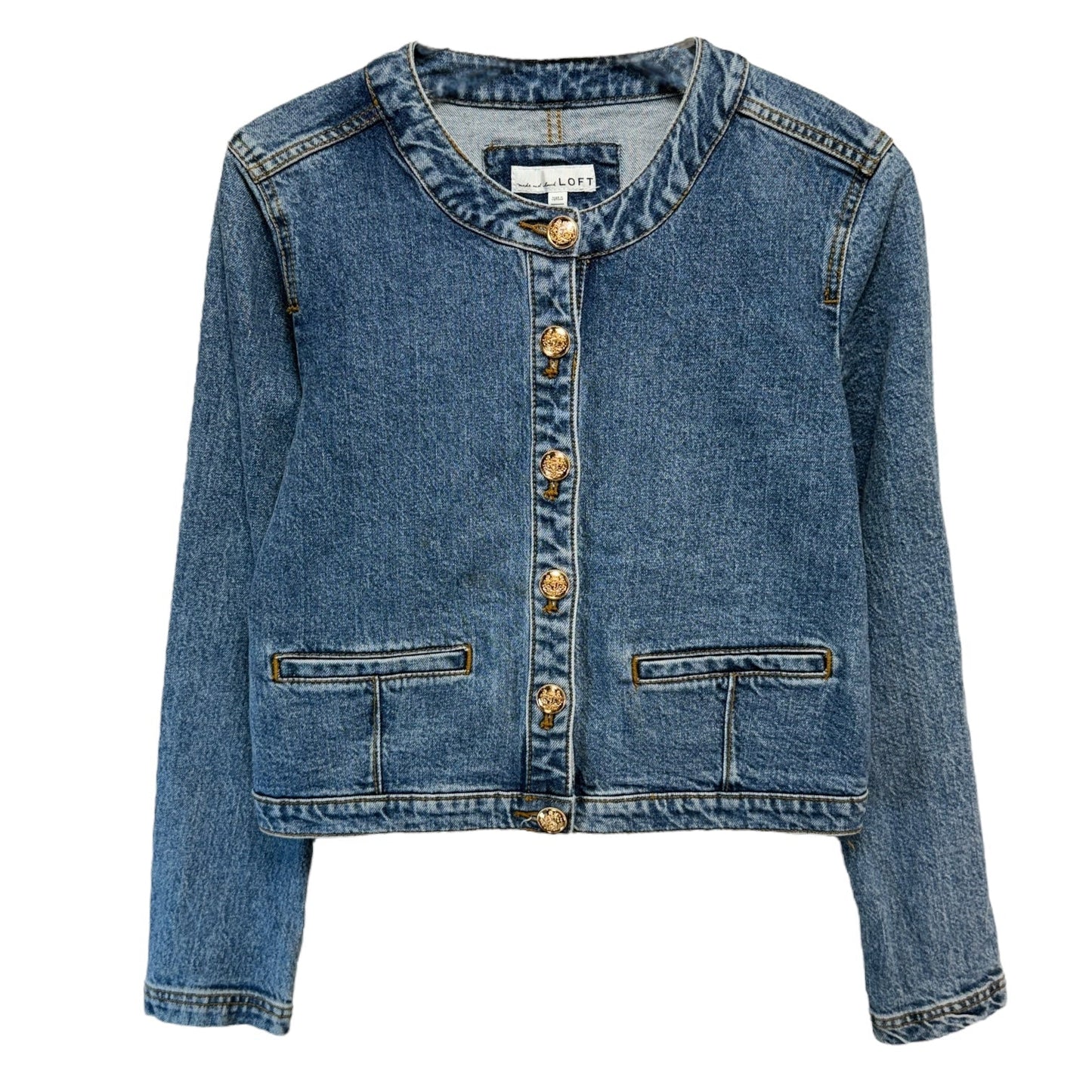 Collarless Denim Jacket By Loft In Bright Medium Stone Wash, Size: XS