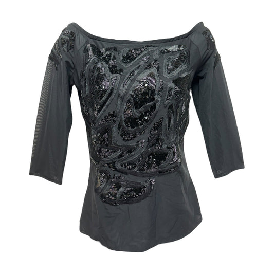 Mesh Beaded Top 3/4 Sleeve Designer By Escada In Black, Size: S