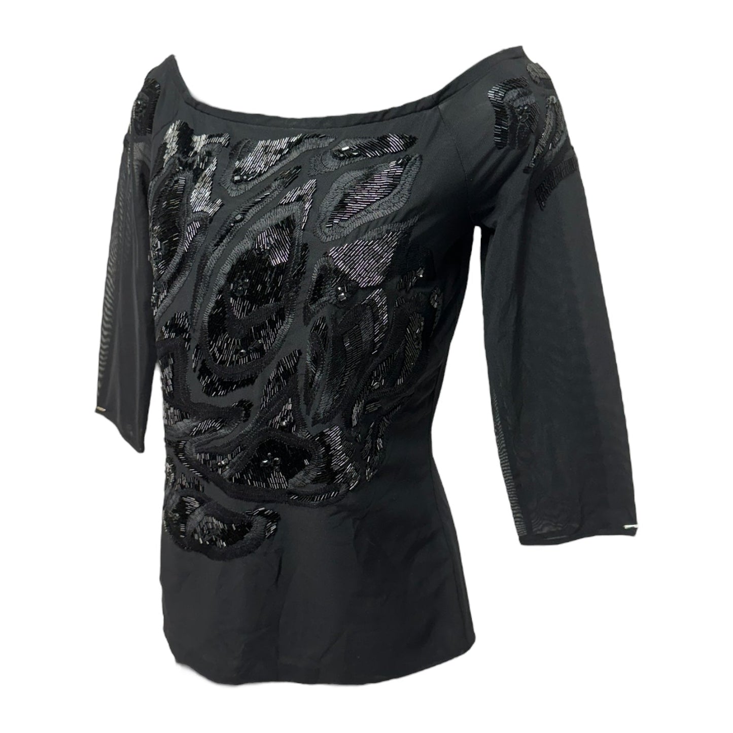 Mesh Beaded Top 3/4 Sleeve Designer By Escada In Black, Size: S