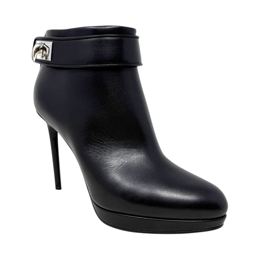 Shark Lock Stiletto Booties Luxury Designer By Givenchy In Black Calf Leather, Size: US 6.5/IT 36.5