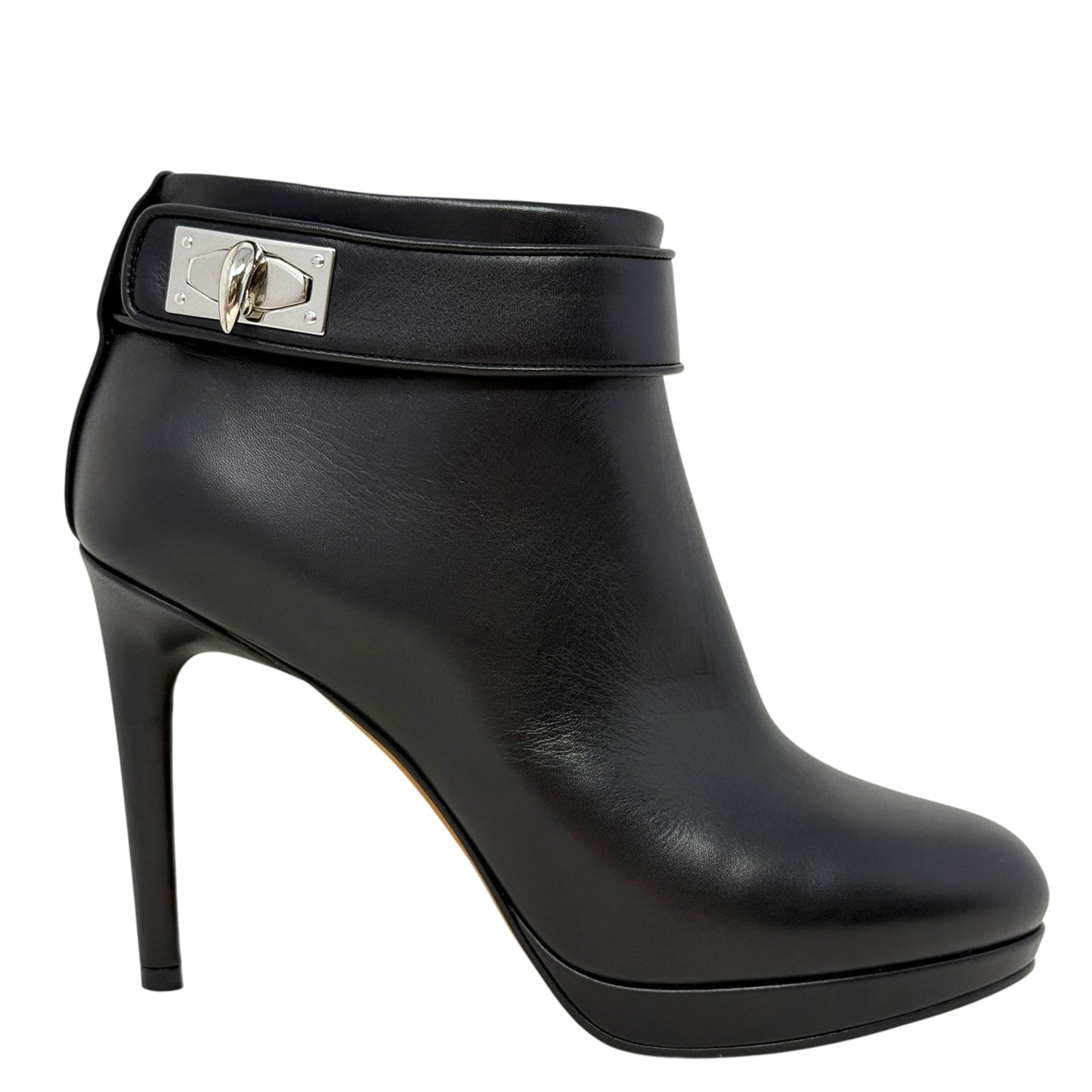 Shark Lock Stiletto Booties Luxury Designer By Givenchy In Black Calf Leather, Size: US 6.5/IT 36.5