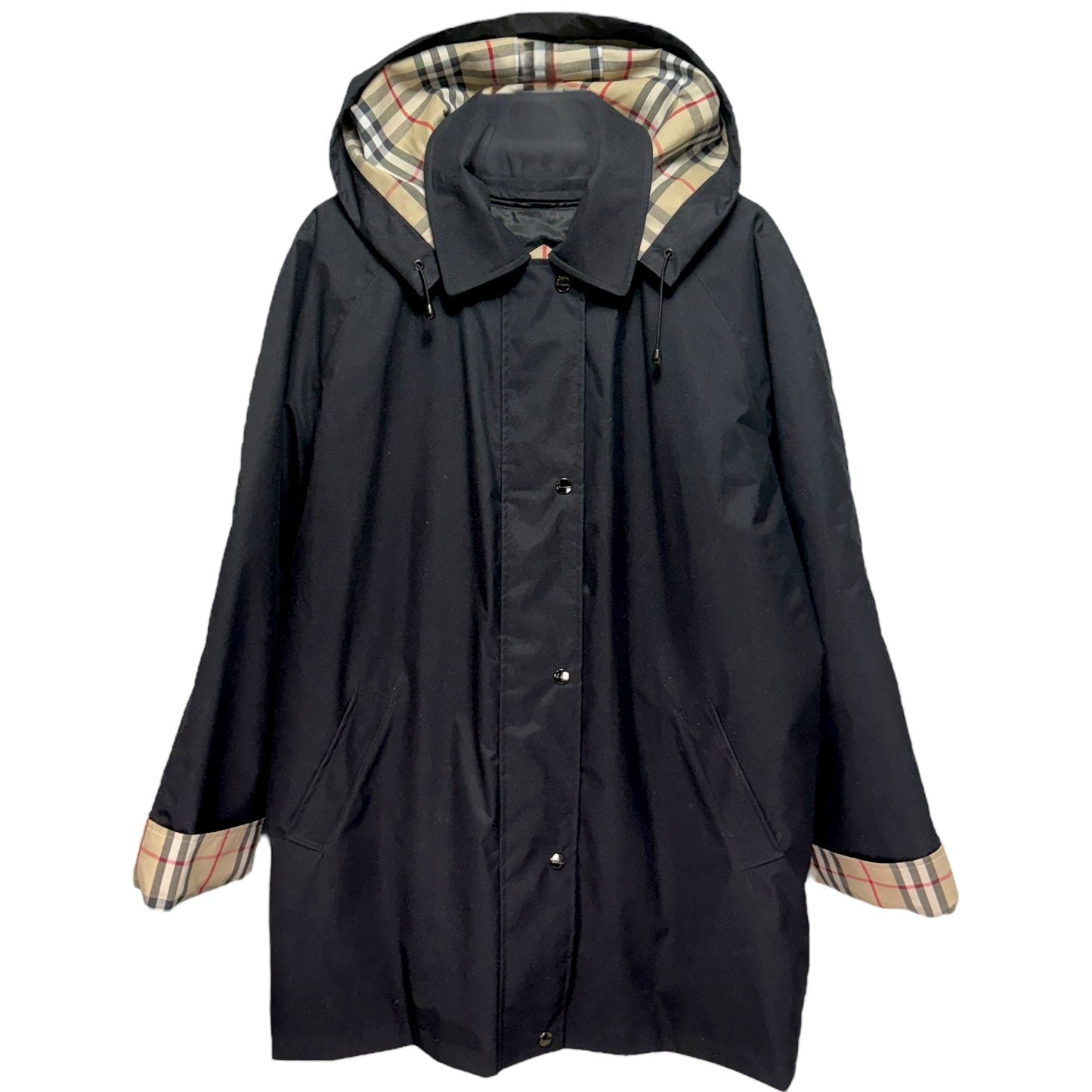 Nova Check Layered Hooded Car Coat with Detachable Lining Luxury Designer By Burberry In Black, Size: 16