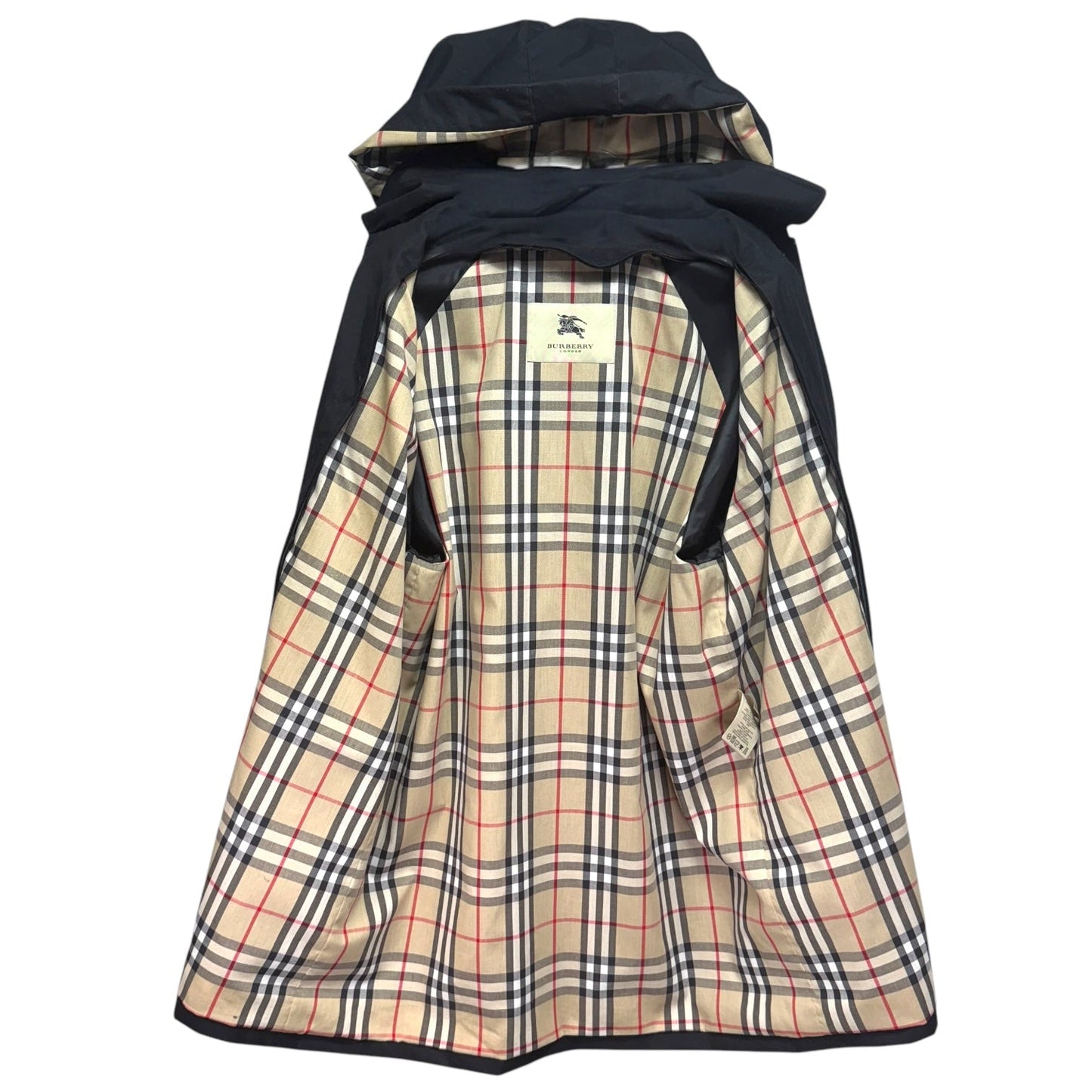 Nova Check Layered Hooded Car Coat with Detachable Lining Luxury Designer By Burberry In Black, Size: 16