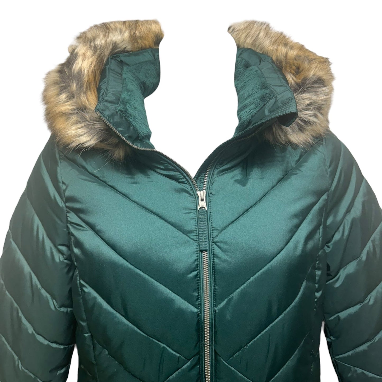 Faux Fur Hood Coat Puffer & Quilted By Lands End In Green, Size: M