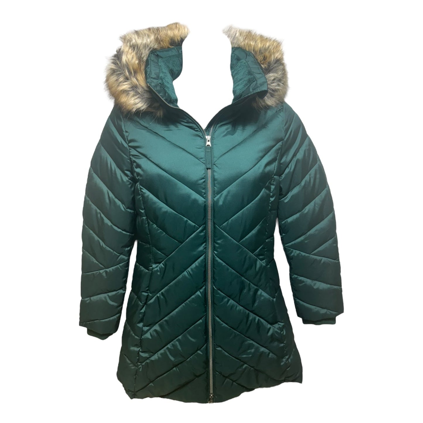 Faux Fur Hood Coat Puffer & Quilted By Lands End In Green, Size: M