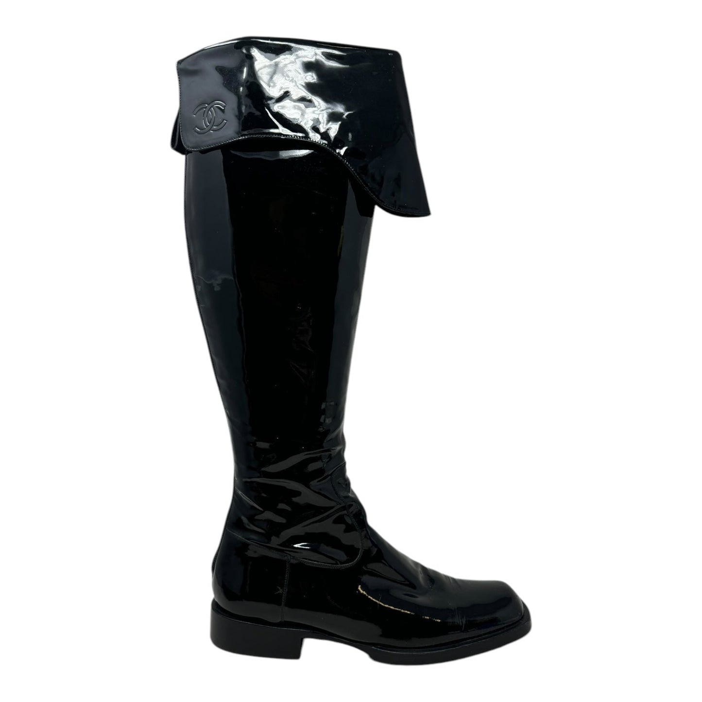 Interlocking C Foldover Patent Leather Combat Boots Luxury Designer By Chanel In Black, Size: 7.5