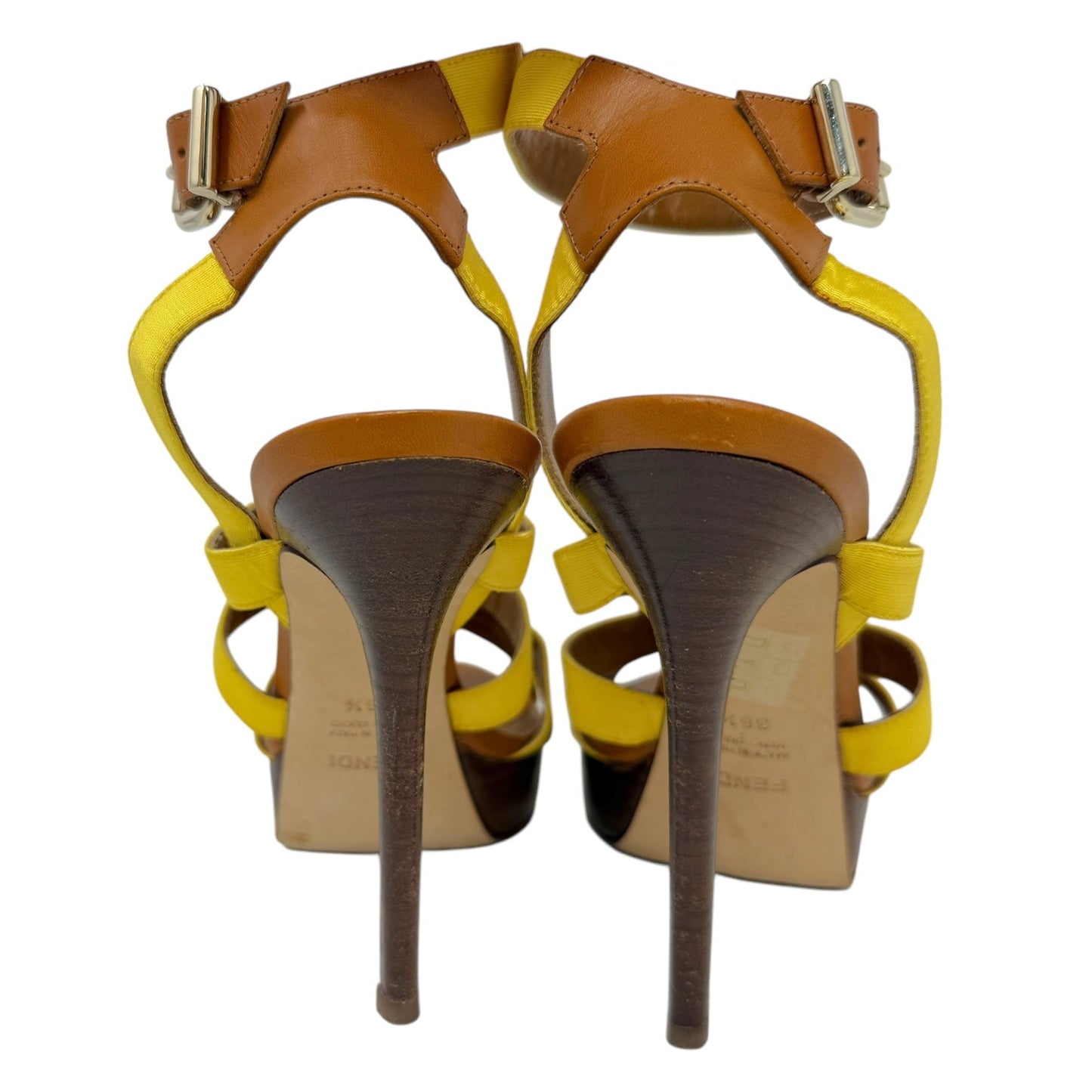 Gros Grain & Cowhide Stilletto Sandals Luxury Designer By Fendi In Mimosa & Honey, Size: US 6.5/IT 36.5