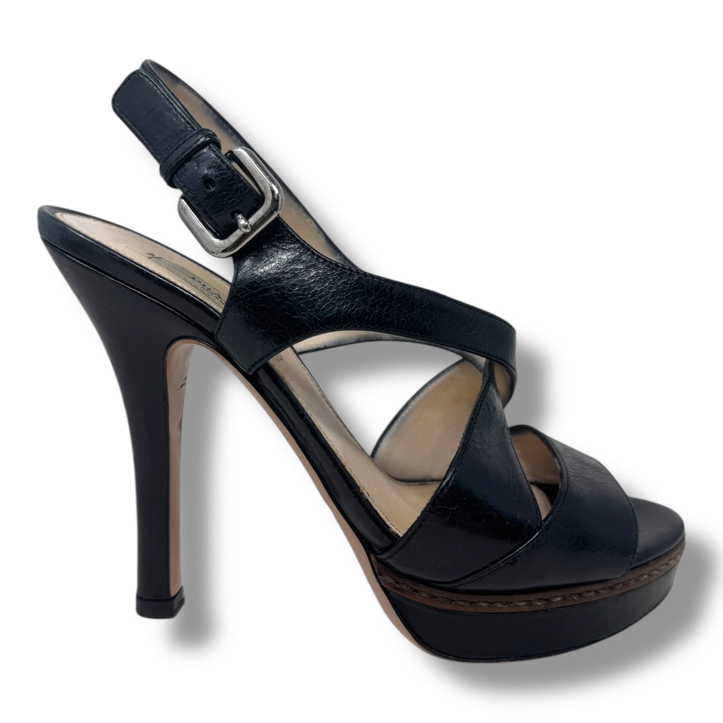 Vitello Shine Slingback Platform Sandals Luxury Designer By Prada In Black, Size: US 6.5/IT 36.5