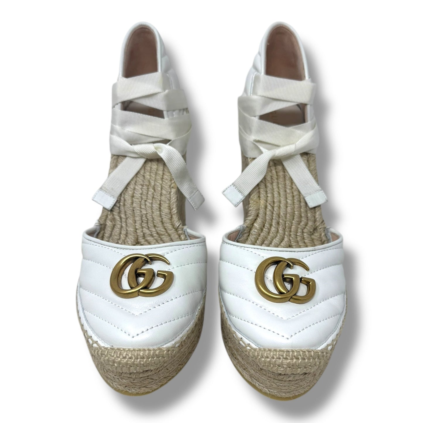 GG Logo Quilted Leather Wrap Espadrille Wedge Shoes Luxury Designer By Gucci In White, Size: 9