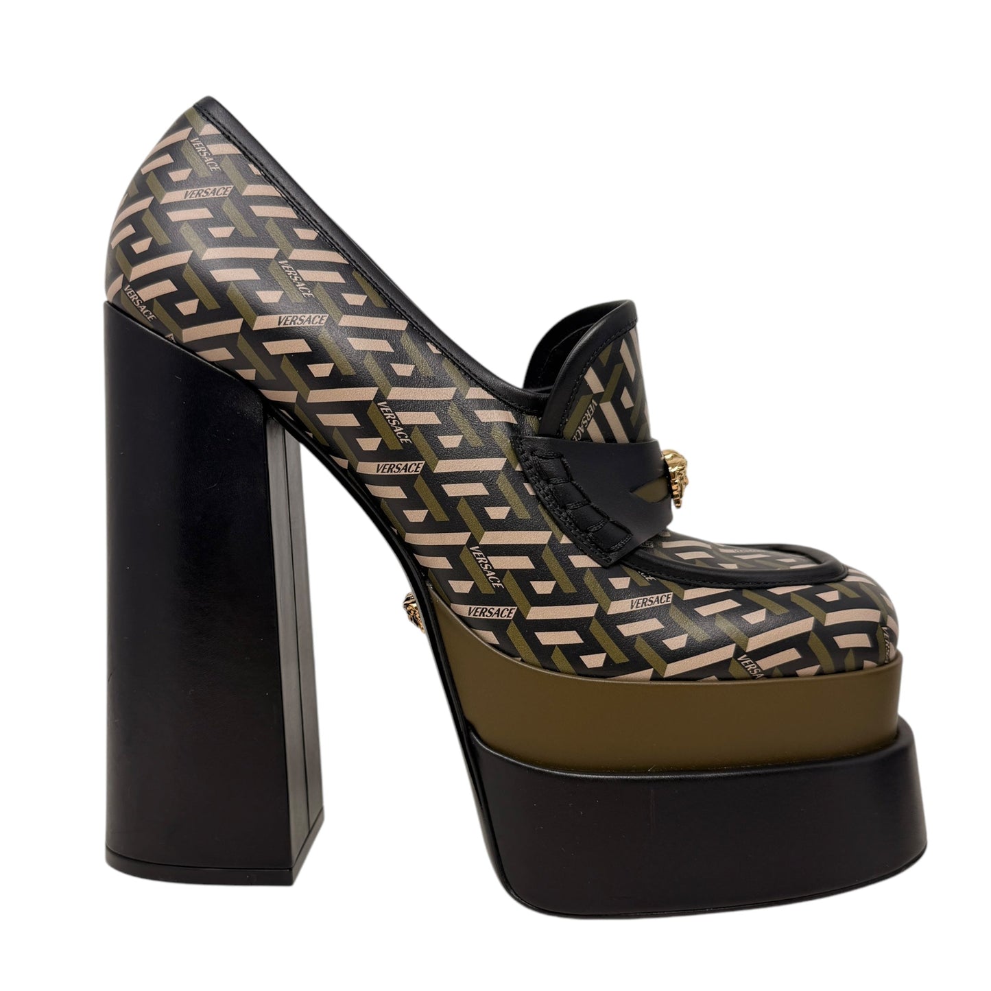 Juno La Greca Print Platform Pumps Luxury Designer By Versace In Geometric Pattern, Size: 10