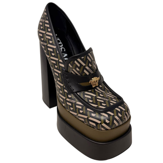 Juno La Greca Print Platform Pumps Luxury Designer By Versace In Geometric Pattern, Size: 10