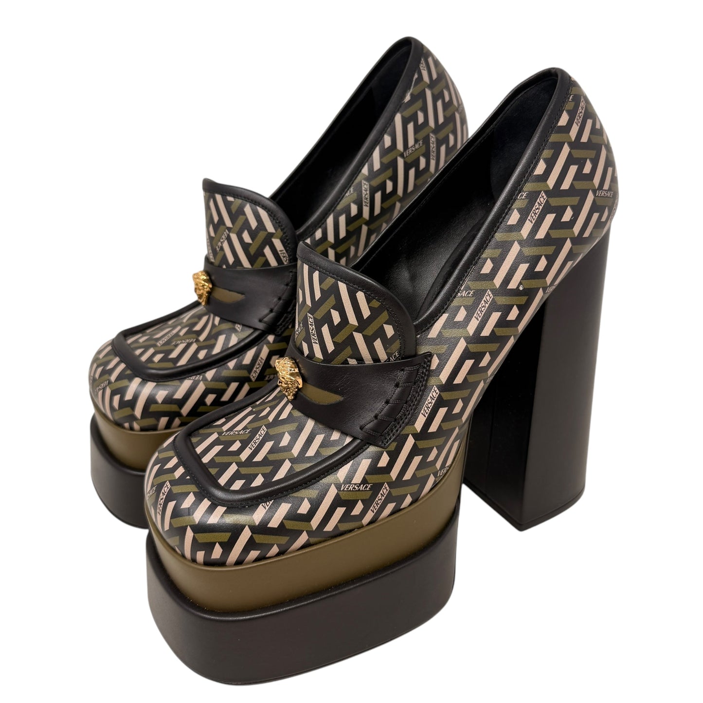 Juno La Greca Print Platform Pumps Luxury Designer By Versace In Geometric Pattern, Size: 10