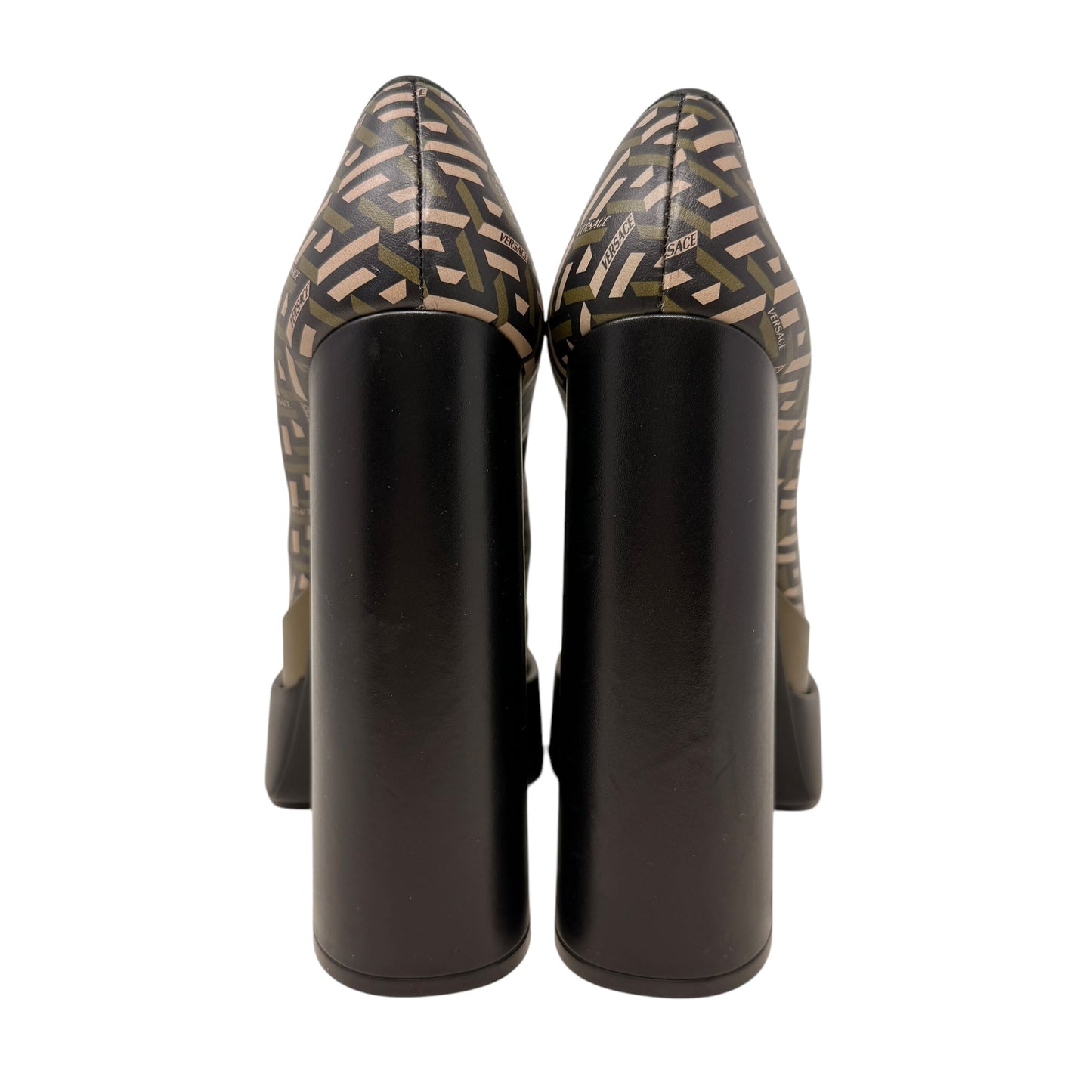 Juno La Greca Print Platform Pumps Luxury Designer By Versace In Geometric Pattern, Size: 10