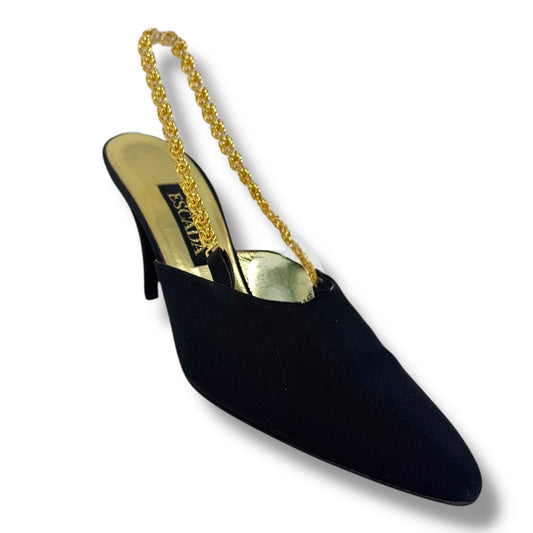 Gold Chain Satin Slingback Pumps Designer By Escada In Black & Gold, Size: 8