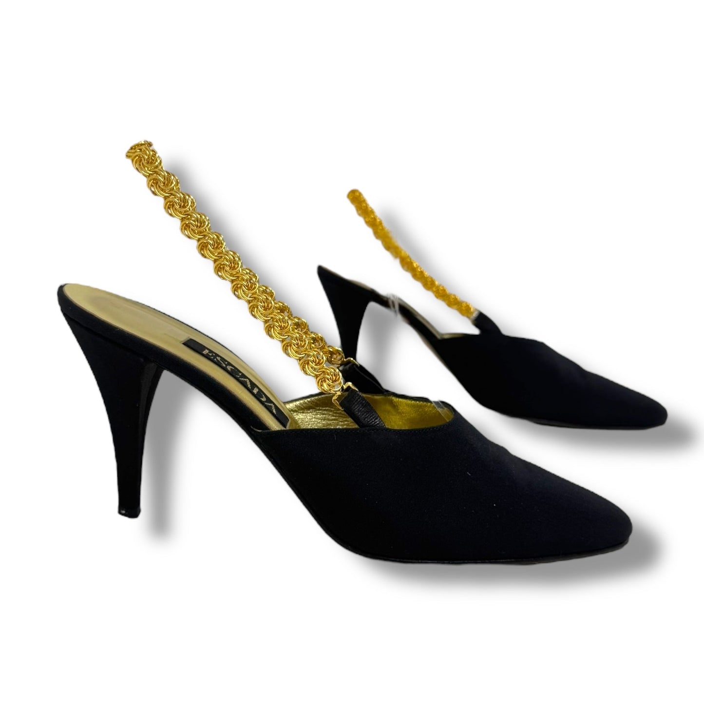 Gold Chain Satin Slingback Pumps Designer By Escada In Black & Gold, Size: 8