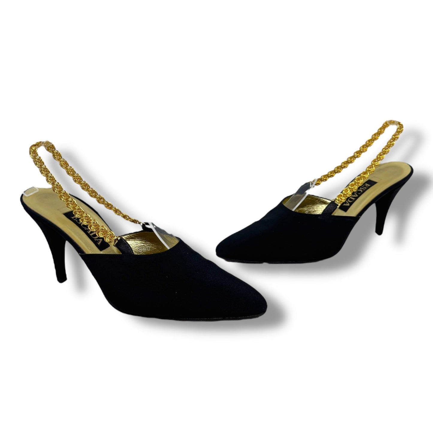 Gold Chain Satin Slingback Pumps Designer By Escada In Black & Gold, Size: 8