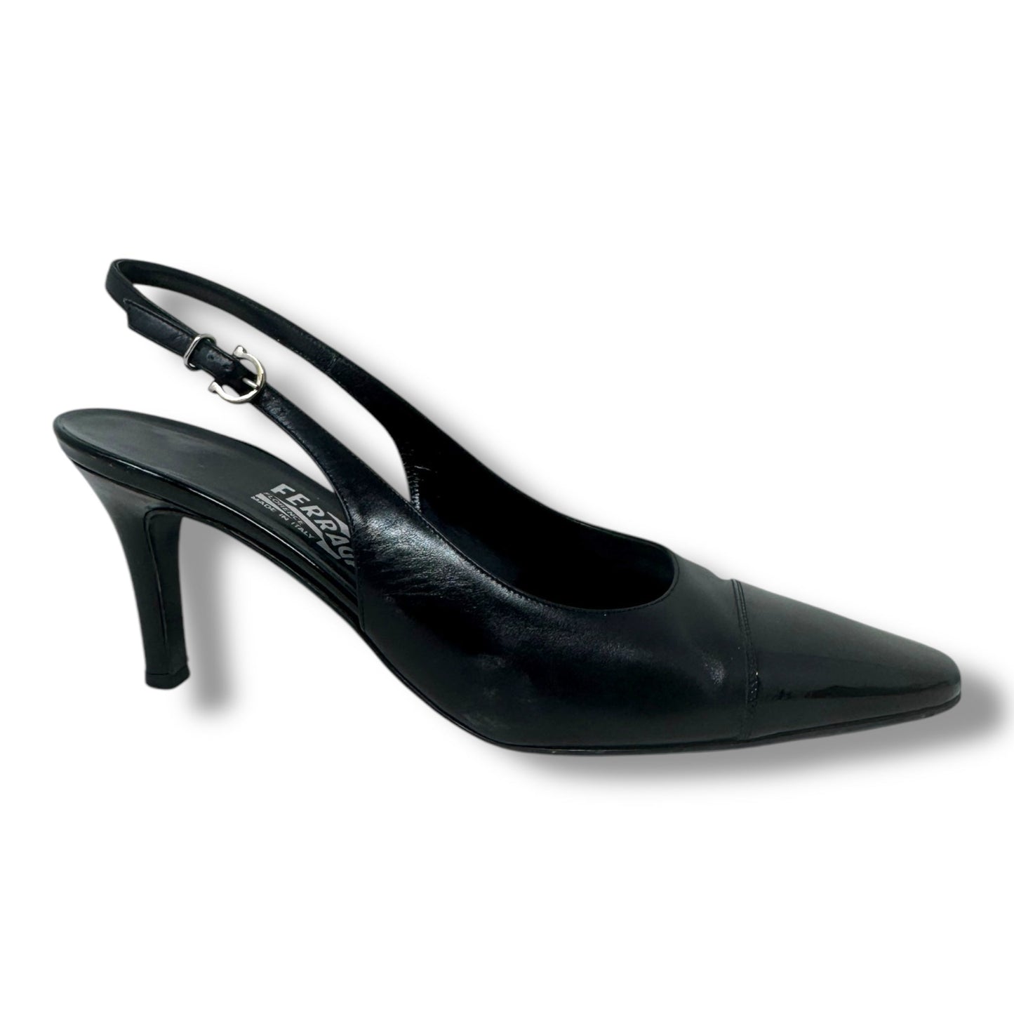 Cap Toe Leather Slingback Pumps Luxury Designer By Ferragamo In Black, Size: 8.5