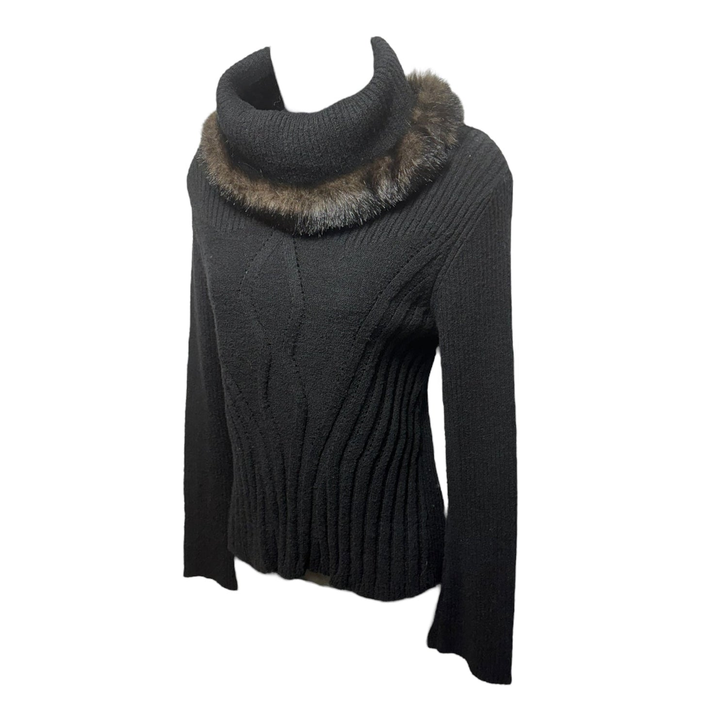 Fur Trim Turtleneck Sweater Luxury Designer By Oscar De La Renta In Black, Size: M