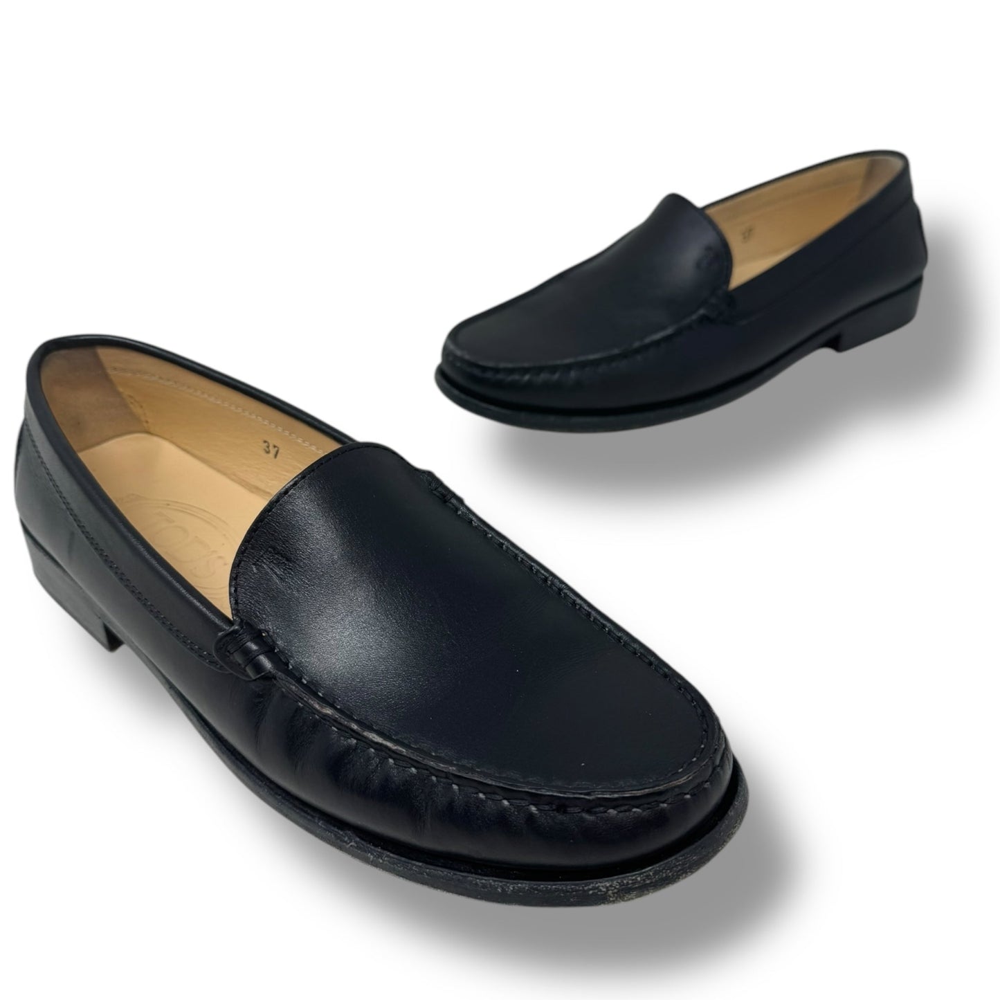 Calfskin Leather Loafers Luxury Designer By Tods In Black, Size: 7