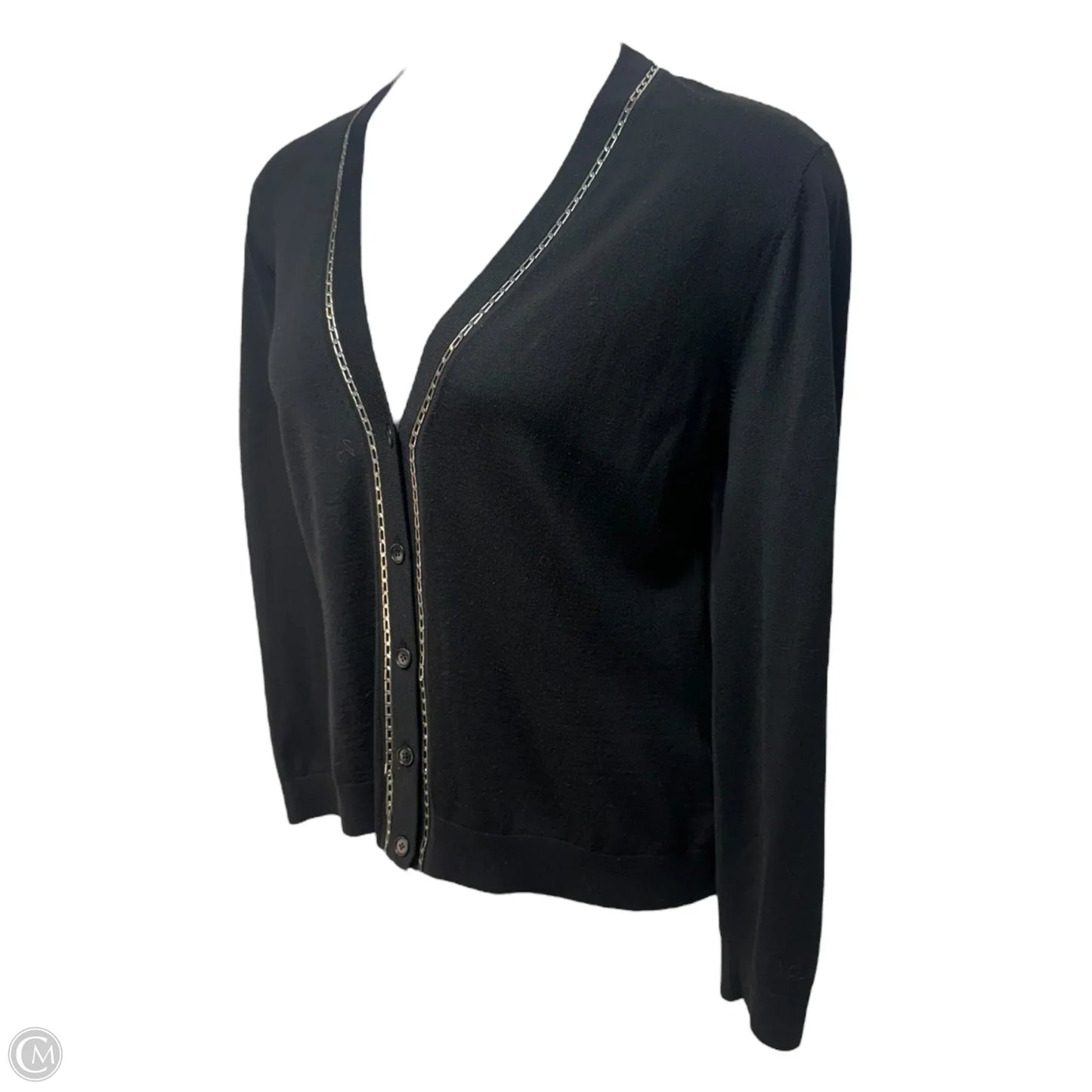 Chain Trim Wool Sweater Cardigan Designer By Lafayette 148 In Black & Silver, Size: Xl